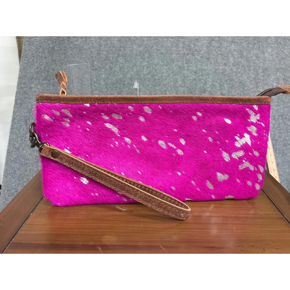 American Darling Hot Pink Cowhide Metallic Silver Acid Wash Wristlet Clutch Bag